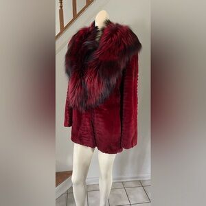 Beautiful Burgundy Sheared Female Mink Fur Huge Fox Fur Collar Jacket,Belted